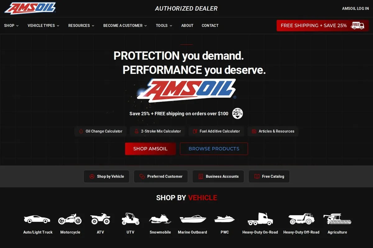 An affiliate oil dealer’s home page in black and red: AMSOIL logos, a free-shipping offer, shop buttons and a row of vehicle categories