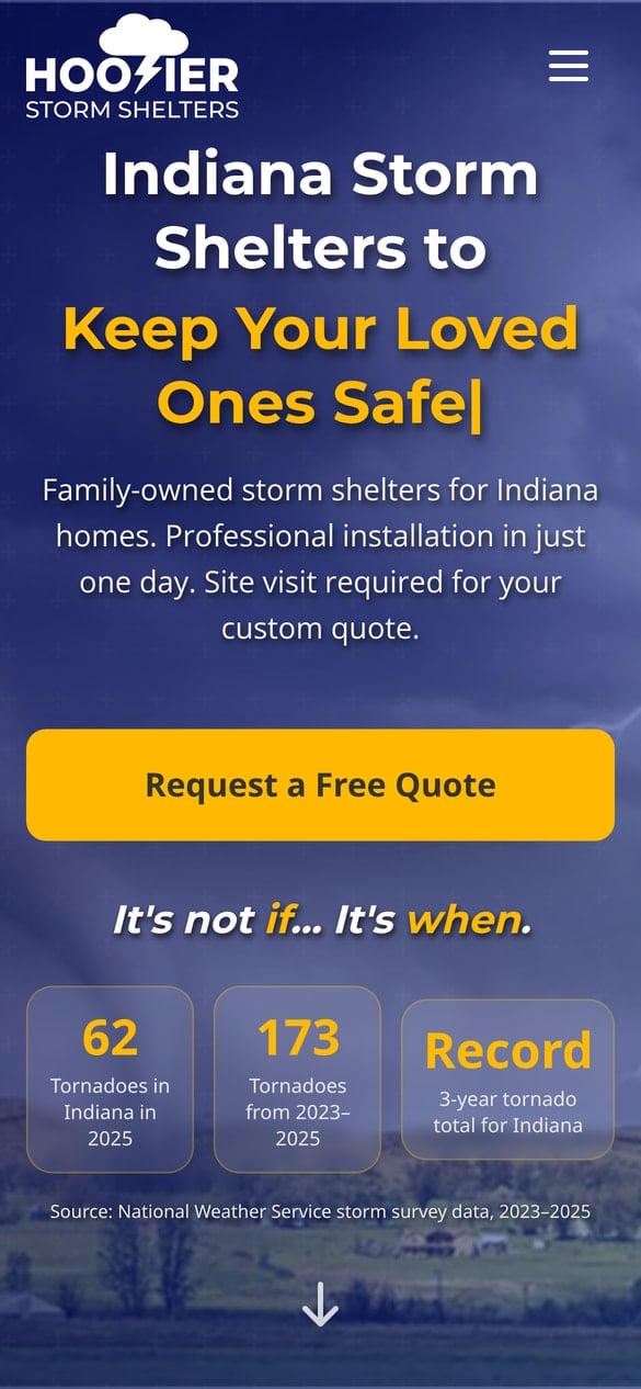The Hoosier Storm Shelters homepage on a phone